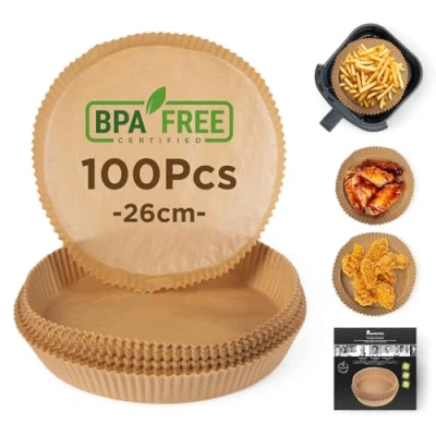 Imagen de MasterPRO Foodies Set de 100 Moldes Papel Redondos 26cm para Freidoras Aire Resistentes, Antiadherentes y Fáciles usar Color Marrón Ideal una cocción saludable
