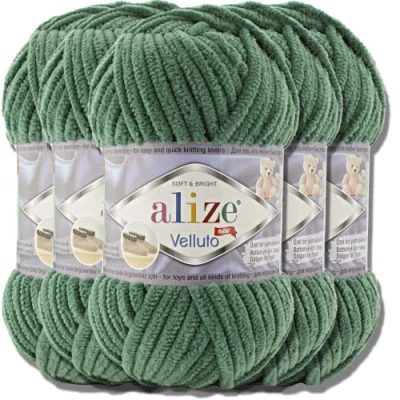 Imagen de Hobby YARN Alize Velluto 532 Ovillos de lana turca para tejer (5 unidades, 100 g), color liso (verde pino, 532)