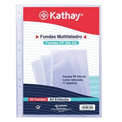 Imagen de Kathay 86556500. Bolsa de 50 Fundas Multitaladro, A4, 11 Perforaciones, Polipropileno Estándar