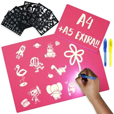 Imagen de BONNYCO Pizarra Magica Infantil Rosa A4 y A5, 6 Plantillas, 2 Bolis Espía Juguetes Niña 3 4 5 7 8 9 10 Años con Luz, Regalos para Niñas Cumpleaños Navidad
