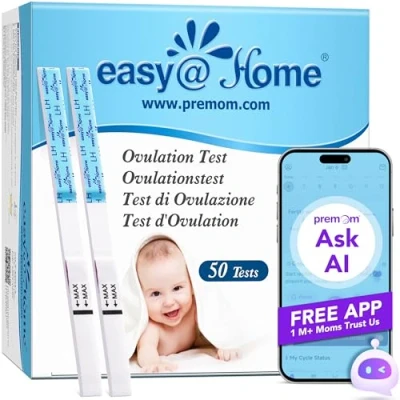 Imagen de 50 Pruebas de Ovulación ultrasensibles (25mlU/ml), Easy@Home Tests Resultados Precisos con la App Premom (iOS &amp; Android) gratuita Español