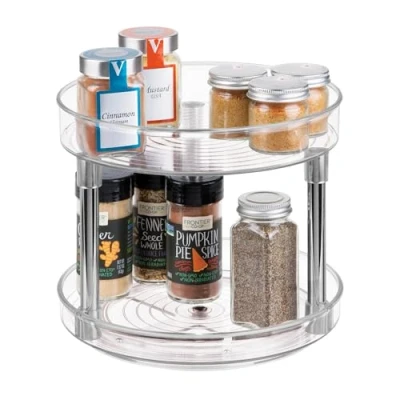 Imagen de iDesign Plato giratorio para cocina, organizador de armarios con 2 pisos plástico libre BPA, especiero guardar especias y latas en la despensa, transparente