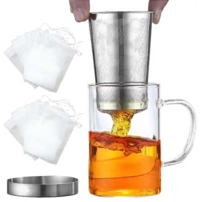 Imagen de ADERTOS Taza de Té con Filtro y Tapa, 500ml Infusiones Té, Tazas Te Grande Borosilicato 100 PCS Bolsas para Bolsitas Sueltas