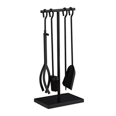 Imagen de Relaxdays Accesorios Chimenea, Modernos, Juego de Estufa con Atizador, Pinzas, Escoba, Pala y Soporte, Negro, Acero, Set 5 Piezas