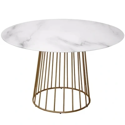 Imagen de DRW Mesa de Comedor Cristal Efecto marmol y Metal en Blanco Dorado 120x120x75cm
