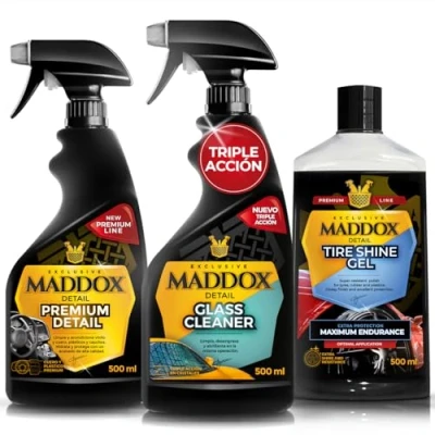 Imagen de Maddox Detail Kit Completo de Cuidado Automotriz 3x500ml Glass Cleaner, Premium y Tire Shine Gel Limpieza Profesional Cristales, Salpicadero Llantas Brillo Interior/Exterior.