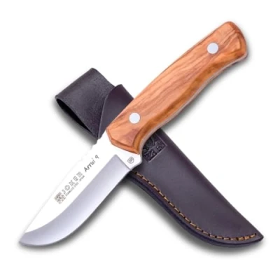 Imagen de Joker Cuchillo Bushcraft Arrui 9&quot; CO64, Hoja de 9 cm, Mango Madera Olivo, Incluye Funda Cuero marrón, Herramienta Pesca, Caza, Camping y Senderismo