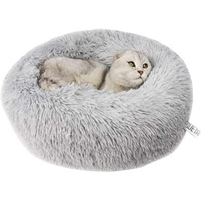 Imagen de Queta Cama para mascotas, gatos o perros pequeños, de felpa suave, redonda (70 cm, color gris claro)