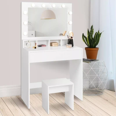 Imagen de IDMarket Zelia Espejo LED con 4 nichos, 1 cajón y taburete