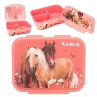 Imagen de Depesche 12895 Miss Melody Flowers Rosa Oscuro, con Motivo de Caballo y Flores, Fiambrera 3 Compartimentos Tapa Transparente, Color Pink, One Size