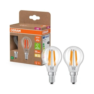 Imagen de OSRAM Energy Class en forma clásica de mini bola, 2,2 W / 470 lm, EEK A, luz blanca cálida (2700 K), CRI 80, fabricada vidrio transparente sin plomo, casquillo E14, IP20, 45 mm diámetro.