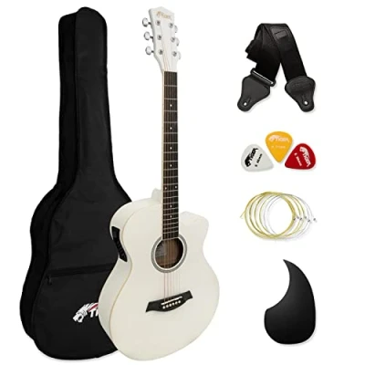 Imagen de TIGER ACG4 WH Guitarra electroacústica para estudiantes de tamaño completo con ecualizador incorporado, funda, correa, cuerdas repuesto y púas Blanco