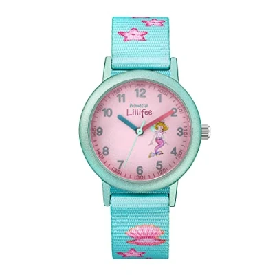 Imagen de Prinzessin Lillifee Reloj de pulsera para niña, analógico, cuarzo, con correa textil, turquesa, resistente al agua hasta 3 bares, se entrega en caja regalo, 2031757