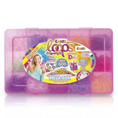 Imagen de CRAZE loops Mega Box Juego de cintas telar con 1600 gomas para manualidades y muchos accesorios haz tus propios collares, anillos pulseras