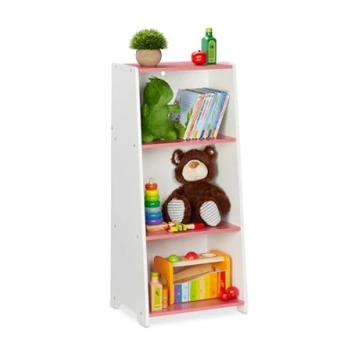 Imagen de Relaxdays Estantería Infantil, 3 Baldas, 88x40x30 cm, Librería Niñas, Organizador Juguetes, MDF, Blacno y Rosa, Tablero de Fibras