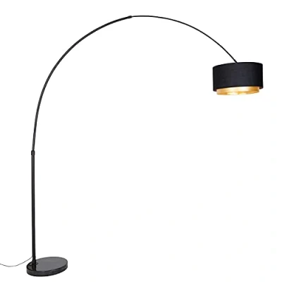 Imagen de QAZQA Moderno Lámpara de arco moderna negra con pantalla dúo oro XXL Acero/Mármol/Textil Alargada Adecuado para LED Max. 1 x 60 Watt