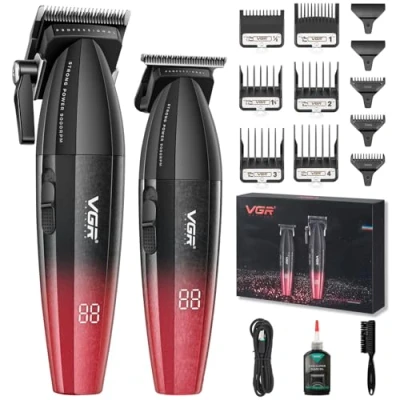 Imagen de VGR 640 Cortapelos Profesional para Hombres, Set de y Recortadores Inalámbricos, Kit Corte Cuchilla T Zero Gap, Hoja Cerámica DLC con Pantalla LED (Rojo)