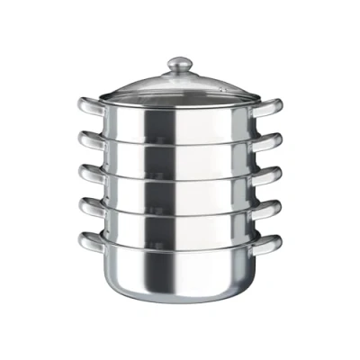 Imagen de MBUYI Mantowarka Vaporera de 5 capas acero inoxidable pulido con tapa transparente, olla 30 cm para cocinar al vapor mismo tiempo sopa, pasta, pescado