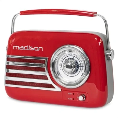 Imagen de Madison FREESOUND VR40R Radio a pilas de larga duración Vintage 30W con Bluetooth, USB y FM Rojo
