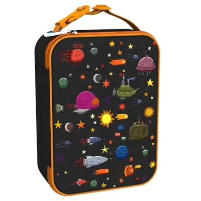 Imagen de Ion8 Bolsa Termica Porta Alimentos, Cremallera Fácil Acceso en 3 Lados, Bolsillo Externo para Botellas, Acolchado y Forrado Lavable, Parche de Nombre, Poliéster, Naves Espaciales Diseño Impreso
