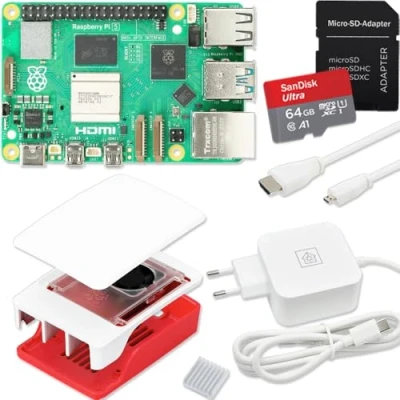 Imagen de Raspberry Pi 5 8GB Starter Kit Fuente de alimentación USB C 45W Carcasa con ventilador Tarjeta SD 64 GB Cable Micro HDMI 4K 8 RAM