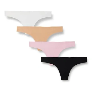 Imagen de Amazon Essentials Ropa Interior Tipo Tanga Elástica, Termosellada y sin Costuras Mujer, Pack de 4, Blanco/Camel/Negro/Rosa Claro, 44