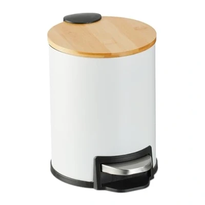 Imagen de Relaxdays Cubo de Basura Baño 3 L, Papelera WC y Tocador, Tapa Bambú Soft Close, Bote Interior Extraíble, Blanco, Hierro, 22,5 x 17 23 cm