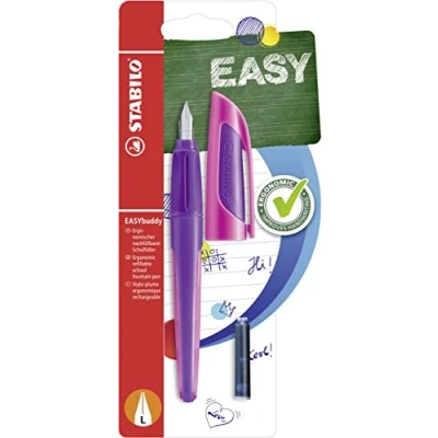 Imagen de STABILO EASYbuddy Pluma estilográfica escolar con plumín para zurdos, color lila/magenta, azul (se puede borrar), incluye cartucho