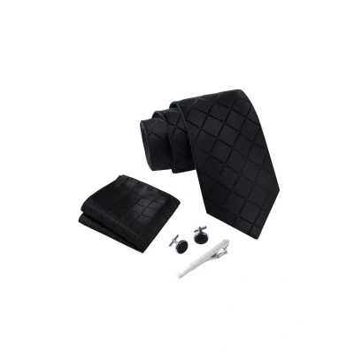Imagen de Massi Morino Corbatas de hombre Negro Cuadrado y pañuelos con gemelos, clip corbata set Accesorio traje modernas para boda