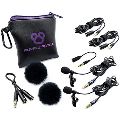 Imagen de Purple Panda Kit de micrófono Solapa Lavalier Doble entrevista (2 Unidades) para Podcast, Profesional omnidireccional con Clip, Compatible iPhone, Android, cámara DSLR, Samsung,