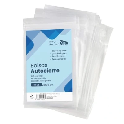 Imagen de RAYLU PAPER Bolsas Auto Cierre Zip, Pack de 100 Plástico Transparente Reutilizables, usos Múltiples, Hecho en Europa (20 x 30)