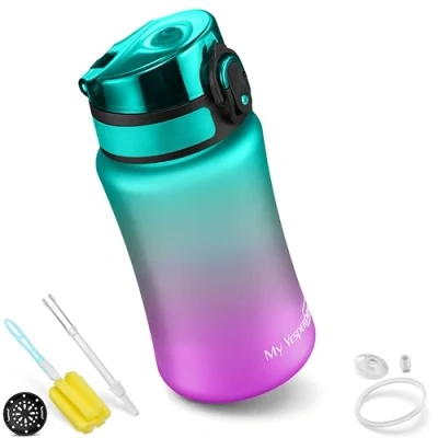 Imagen de My Vesperbox Minny Botella infantil a prueba de fugas con pajita o colador. agua ligera Tritan, sin bisfenol A, para guardería, escuela (350 ml, color lila verde)