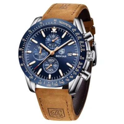 Imagen de BENYAR Relojes Hombre Cronografo Analógico Impermeable de Pulsera Luminoso Fecha Negocios Casual Diseñador Reloj Banda Cuero Regalo Elegante