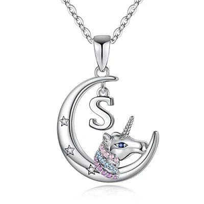 Imagen de TINGN Collar de Unicornio Regalo para Niñas, Chapado en Oro Blanco 14 Quilates con Inicial A Collares Colgante Luna Creciente Cadena Regalos