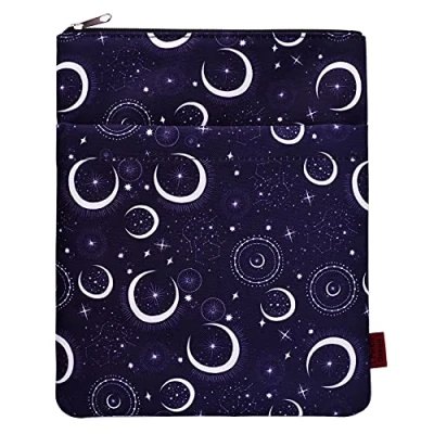 Imagen de funda protectora para libros de lunas y estrellas, tapa blanda, tela lavable, fundas con cremallera, tamaño mediano 11 x 8.7 pulgadas