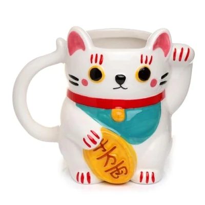 Imagen de Puckator Mug en Forme Blanc Maneki Neko Chat Porte Bonheur Tazas de Desayuno, Multicolor, único