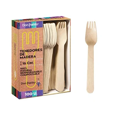 Imagen de DON PALILLO 100 Tenedores de madera desechables., 16 cm. 100% natural, ecológico, biodegradable