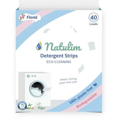 Imagen de Natulim Detergente en Tiras para Lavadora (40 Lavados) Incluye efecto Suavizante, Ecológico, Hipoalergénico, Made in Spain Ropa limpia y suave sin ensuciar el Planeta (Fragancia Floral)