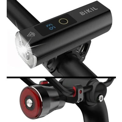 Imagen de BIKIL Luces Bicicleta Delantera y Trasera Soportes de Aluminio Luz Inteligente Recargable USB C 5000 mAh con indicador Nivel batería Linterna Potente led