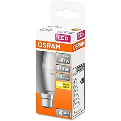 Imagen de OSRAM LED Star Classic B40, lámpara esmerilada en forma de vela, casquillo B22d, blanco cálido (2700K), 470 lúmenes, sustituye a las bombillas convencionales 40W, paquete 4