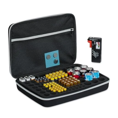 Imagen de Relaxdays Organizador de Pilas con Comprobador, Portapilas y Tester, para 134 Baterías Tipo AA, AAA, C, D &amp; 9V, Negro, Nailon, 24 x 34 8 cm