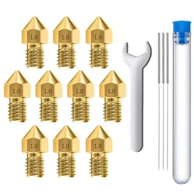 Imagen de MMOBIEL 10 Piezas 1,0 mm Latón MK8 Impresora 3D Boquillas Extrusión Compatible con Creality Ender Serie 3, 5, CR 10/10S, Macurbot, Incl. 3 agujas de limpieza llave