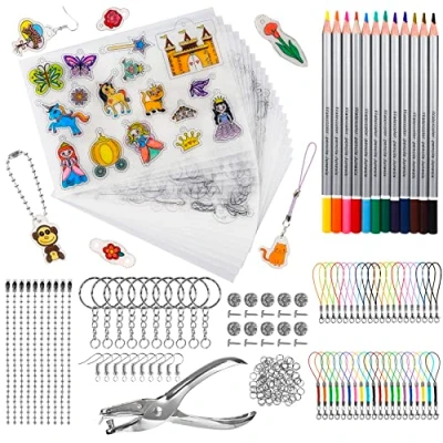 Imagen de LUZOON 213 Pcs Plastico Magico, Incluye A4 12 Hojas de Plástico Encogible 8 Papel Magico con Motivo, Termocontraíble, para Hacer Llaveros Niños Manualidades DIY (A4 Patrón)