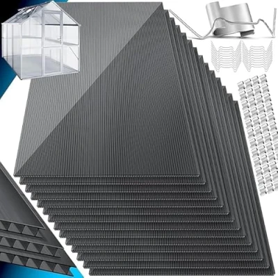 Imagen de KESSER® 14x Placas de Policarbonato Alveolar 4mm 10,25m² Placa Doble Pared 121x60,5cm 50x Abrazaderas + Clips en Z para Invernadero UV Resistente Antracita