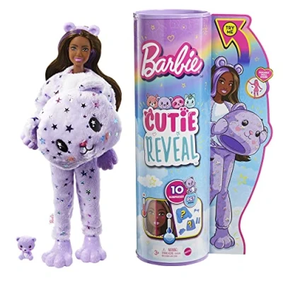 Imagen de Barbie Cutie Reveal Serie Fantasía Osito Disfraz morado revela una muñeca articulada con mascota y accesorios sorpresa de moda, juguete +3 años, Multicolor, (Mattel HJL57)