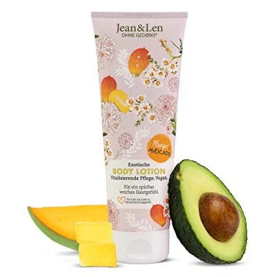 Imagen de Jean&amp;Len loción corporal exótica de mango y aguacate, para todo tipo pieles, fórmula ligera, se absorbe rápidamente, pH cutáneo ideal, sin parabenos ni siliconas, vegana, 250 ml