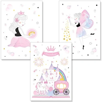 Imagen de PREMYO Cuadros Infantiles Habitación Niña Láminas Decorativas para Enmarcar 3 Póster Princesa Castillo Rosa A4