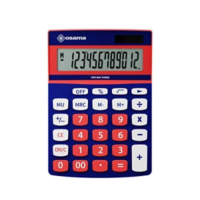 Imagen de Osama, Metacolor Calculadora de Escritorio para Oficina, 12 Cifras + 3 Dígitos Memoria y Pantalla LCD Mesa Ideal como Material Escolar Papeleria, 3.6x11.5x15.5 cm, Rojo/Azul