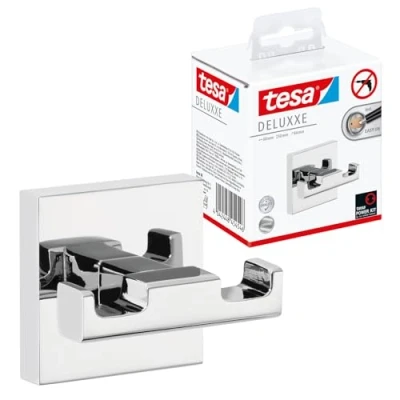 Imagen de tesa Colgador Grande DELUXXE, metal cromado brillante, autoadhesivo, tecnología adhesiva de montaje, 50mm x 60mm 44mm