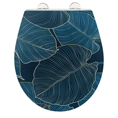 Imagen de WENKO asiento de WC Big Leaves, robusto inodoro Duroplast antibacteriano con cierre suave y Fix Clip acero inoxidable, tapa superficie relieve, 38 x 44,5 cm